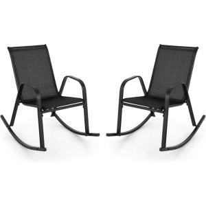 Giantex Outdoor Rocking Chairs Set of 2, Patio Rocking Chairs w/Breathable Seat & Back, Heavy-Duty Metal Support, Ergonomic Outside Rocker for Backyard, Poolside, Garden (1, Grey)(Black)
