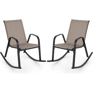 Giantex Outdoor Rocking Chairs Set of 2, Patio Rocking Chairs w/Breathable Seat & Back, Heavy-Duty Metal Support, Ergonomic Outside Rocker for Backyard, Poolside, Garden (1, Grey)(Brown)