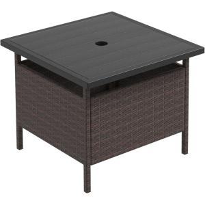Giantex Outdoor Side Table with Umbrella Hole, 22″ Wicker Umbrella Table with Stand and Base, Weather-Resistant PE Rattan Patio End Table for Deck Garden Poolside (Metal Tabletop, Light Gray)(Brown)