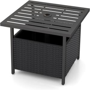 Giantex Outdoor Side Table with Umbrella Hole, 22″ Wicker Umbrella Table with Stand and Base, Weather-Resistant PE Rattan Patio End Table for Deck Garden Poolside (Metal Tabletop, Light Gray)(Black)