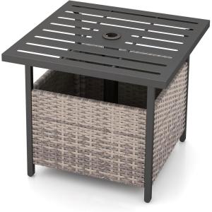 Giantex Outdoor Side Table with Umbrella Hole, 22″ Wicker Umbrella Table with Stand and Base, Weather-Resistant PE Rattan Patio End Table for Deck Garden Poolside (Metal Tabletop, Light Gray)(Light Gray)