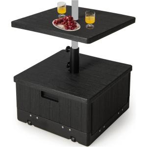 Giantex Outdoor Side Table with Umbrella Stand, 175 lbs Fillable Weighted Bag, Adjustable Umbrella Table Tray, 2 Wheels and 2 Handles, Umbrella Base with Storage for Patio Deck Garden Poolside (Black)(Black)