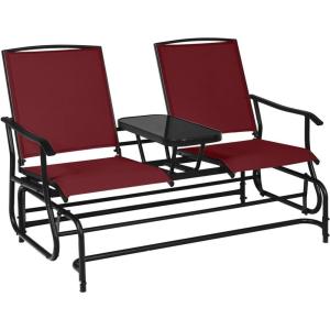 Giantex Patio Bench Glider Chair with Metal Frame, Center Tempered Glass Table, Outside Double Rocking Swing Loveseat for Porch, Garden, Poolside, Balcony, Lawn Rocker Outdoor Glider Bench(Gray)(Burgundy)