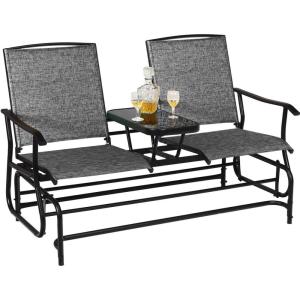 Giantex Patio Bench Glider Chair with Metal Frame, Center Tempered Glass Table, Outside Double Rocking Swing Loveseat for Porch, Garden, Poolside, Balcony, Lawn Rocker Outdoor Glider Bench(Gray)(Grey)