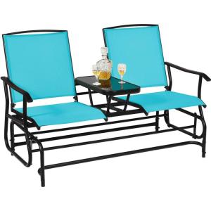 Giantex Patio Bench Glider Chair with Metal Frame, Center Tempered Glass Table, Outside Double Rocking Swing Loveseat for Porch, Garden, Poolside, Balcony, Lawn Rocker Outdoor Glider Bench(Gray)(Turquoise)