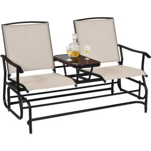 Giantex Patio Bench Glider Chair with Metal Frame, Center Tempered Glass Table, Outside Double Rocking Swing Loveseat for Porch, Garden, Poolside, Balcony, Lawn Rocker Outdoor Glider Bench(Gray)(Beige)