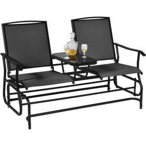 Giantex Patio Bench Glider Chair with Metal Frame, Center Tempered Glass Table, Outside Double Rocking Swing Loveseat for Porch, Garden, Poolside, Balcony, Lawn Rocker Outdoor Glider Bench(Gray)(Black)