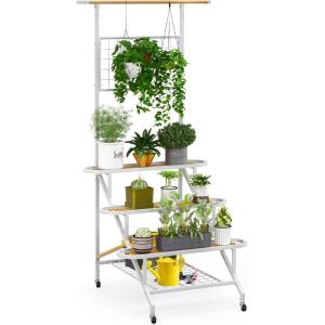 Giantex Plant Stand Indoor, 3-Tier Metal Ladder Plant Rack with Hanging Bar, Trellis, Grid Shelf, Tall Plant Holder Rack Flower Pot Organizer for Indoor, Garden, Balcony, Living Room (White)