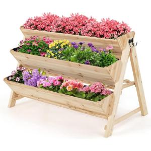 Giantex Raised Garden Bed, Vertical Planter with Storage Shelf, 3 Tier Elevated Planter Box with Side Hooks, Indoor Outdoor Wood Garden Bed for Balcony, Garden, Lawn (Natural)(Natural)