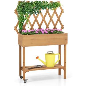 Giantex Raised Garden Bed on Wheels, Rolling Planter Boxes with Trellis, Storage Shelf & Black Liner, Indoor Outdoor Wood Raised Bed for Flower Climbing Vine, 36”x12”x51”