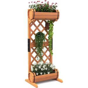 Giantex Raised Garden Bed with 2 Barrel Planters & Trellis, 2-Tier Freestanding Wooden Raised Bed for Vine Vegetable Flower Fruit, Indoor Outdoor Plant Box for Garden Yard Balcony 18″ Lx14 Wx44.5 H(18″Lx14″Wx44.5″H)
