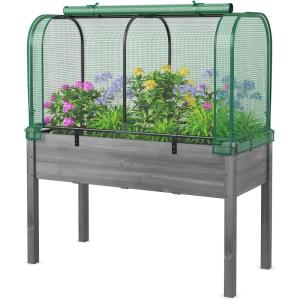Giantex Raised Garden Bed with Cover, Wood Elevated Planter Box with Legs & Mini Greenhouse, Waterproof Sun-Protective PE Green House Cover, Outdoor Use for Fruit Vegetable Flower Herb (White+Gray)(Green+gray)