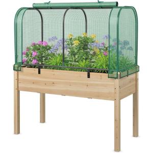 Giantex Raised Garden Bed with Cover, Wood Elevated Planter Box with Legs & Mini Greenhouse, Waterproof Sun-Protective PE Green House Cover, Outdoor Use for Fruit Vegetable Flower Herb (White+Gray)(Green+natural)
