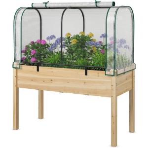 Giantex Raised Garden Bed with Cover, Wood Elevated Planter Box with Legs & Mini Greenhouse, Waterproof Sun-Protective PE Green House Cover, Outdoor Use for Fruit Vegetable Flower Herb (White+Gray)(White+natural)