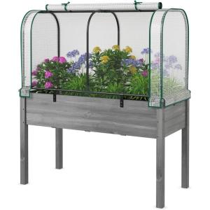 Giantex Raised Garden Bed with Cover, Wood Elevated Planter Box with Legs & Mini Greenhouse, Waterproof Sun-Protective PE Green House Cover, Outdoor Use for Fruit Vegetable Flower Herb (White+Gray)(White+gray)