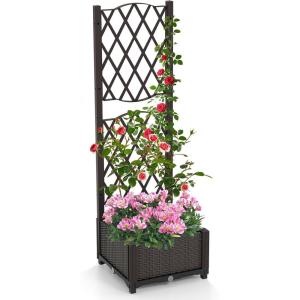 Giantex Raised Garden Bed with Lattice Trellis, Self-Watering Planter Box with Drain Hole for Vine Vegetable Herb Flower Fruit, Indoor Outdoor Standing Privacy Fence for Yard Porch Balcony(16”Lx16”Wx48”H)