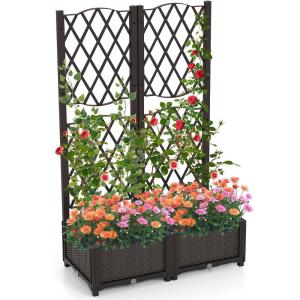 Giantex Raised Garden Bed with Lattice Trellis, Self-Watering Planter Box with Drain Hole for Vine Vegetable Herb Flower Fruit, Indoor Outdoor Standing Privacy Fence for Yard Porch Balcony(32”Lx16”Wx48”H)