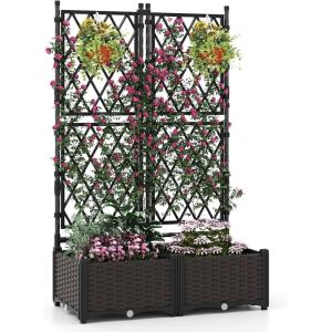 Giantex Raised Garden Bed with Lattice Trellis, Self-Watering Planter Box with Drain Hole for Vine Vegetable Herb Flower Fruit, Indoor Outdoor Standing Privacy Fence for Yard Porch Balcony(32″LX16″WX50″H)
