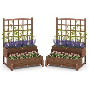 Giantex Raised Garden Bed with Legs and Trellis, 2-Tier Standing Planter Box with Drain Holes, Outdoor Elevated Garden Trellis for Vine Climbing, Flower Vegetable Fruit Herb Growing, Rustic Brown(2)