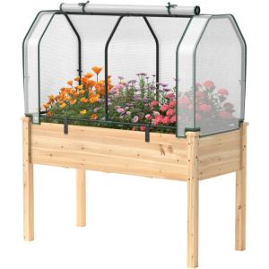 Giantex Raised Garden Bed with Mini Greenhouse, w/Dual Zipper Door, 48”x22”x54” Planter with Green House for Patio Lawn Garden, Easy Assembly (Gray & White)(Natural & White)