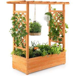 Giantex Raised Garden Bed with Trellis, Wood Planter Box with Roof & Side Trellis, Drain Holes, Elevated Raised Bed with Trellis for Climbing Plant and Pot Hanging, Indoor Outdoor Patio Balcony