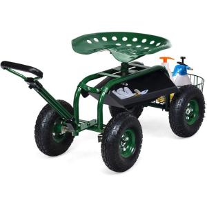 Giantex Rolling Garden Cart with Seat, 4-Wheel Gardening Workseat with Storage Basket, Swivel Stool Adjustable Seat, Steering Handle, Garden Utility Cart, Steel Frame (Green)(Green)