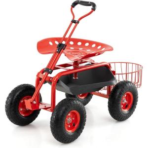 Giantex Rolling Garden Cart with Seat, 4-Wheel Gardening Workseat with Storage Basket, Swivel Stool Adjustable Seat, Steering Handle, Garden Utility Cart, Steel Frame (Green)(Red)