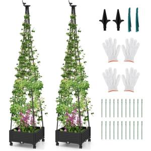 Giantex Rolling Raised Garden Bed with Climbing Trellis, Obelisk & Bird Top, 11 Fasten Straps, Gloves, Planter Garden Boxes on Wheels, Self-Watering System, PE-Coated Metal Rack(2)