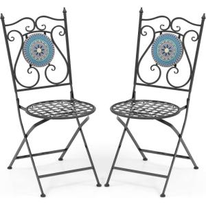 Giantex Set of 2 Patio Folding Chairs, Mosaic Bistro Chairs w/Backrest & Round Seat, Heavy-Duty Metal Frame, 330lbs Capacity, Outdoor Use for Porch Balcony Lawn(Multicolor (Floral Pattern))