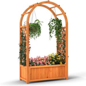 Giantex Set of 2 Raised Garden Bed with Arch Trellis, for Climbing Vine Flower Vegetable, Wood Planter Box with Liner & Drainage Design, Outdoor Plant Container for Yard Balcony (33″x14″x58″)(1)