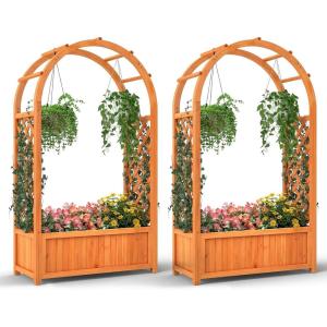 Giantex Set of 2 Raised Garden Bed with Arch Trellis, for Climbing Vine Flower Vegetable, Wood Planter Box with Liner & Drainage Design, Outdoor Plant Container for Yard Balcony (33″x14″x58″)(2)