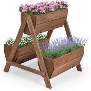 Giantex Vertical Raised Garden Bed, 3 Wood Planter Boxes for Flower Vegetable Fruit Herb, Freestanding Garden Planter with Drain Holes, Elevated Raised Beds for Indoor Outdoor Lawn Patio Yard, Brown(26″x29″x29″)