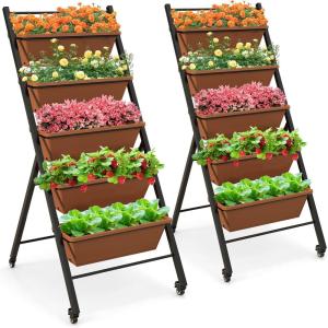 Giantex Vertical Raised Garden Bed on Wheels, 5-Tier Elevated Planter Boxes, Garden Beds with Drain Hole, Freestanding 5 Containers for Herb Vegetables Flowers Growing, Indoor Outdoor Patio Balcony(2)