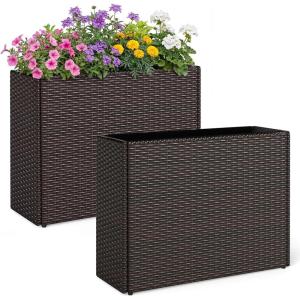 Giantex Wicker Raised Garden Bed with Wheels, 38”x12”x14”, Rectangular Garden Planter Box w/PE Rattan, Liner Fabric, Wicker Patio Elevated Raised Bed for Vegetable Flower Herb Porch Balcony(2)