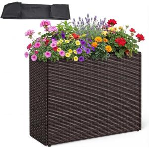 Giantex Wicker Raised Garden Bed with Wheels, 38”x12”x14”, Rectangular Garden Planter Box w/PE Rattan, Liner Fabric, Wicker Patio Elevated Raised Bed for Vegetable Flower Herb Porch Balcony(1)