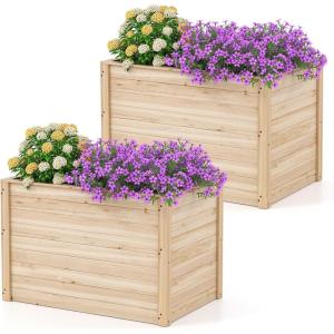 Giantex Wood Raised Garden Bed, 47.5″x47.5″x24.5″ Elevated Planter Box w/Open-Ended Base for Deep-Rooted Plant Vegetable Fruit Flower, Outdoor Solid Wood Planter for Patio Backyard(2)