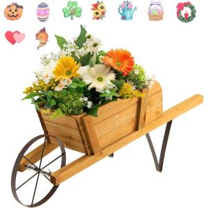 Giantex Wood Wagon Planter, Small Wheelbarrow Wagon Cart, Indoor & Outdoor Decorative Raised Bed W/ 9 Magnetic Accessories, Flower Pot Wheelbarrow Cart for Garden Backyard (Red)(Walnut)