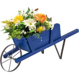 Giantex Wood Wagon Planter, Small Wheelbarrow Wagon Cart, Indoor & Outdoor Decorative Raised Bed W/ 9 Magnetic Accessories, Flower Pot Wheelbarrow Cart for Garden Backyard (Red)(Blue)