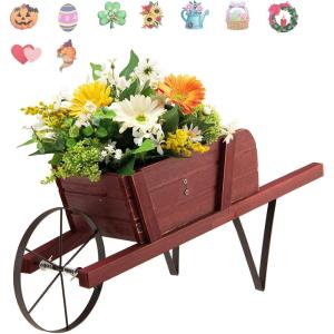 Giantex Wood Wagon Planter, Small Wheelbarrow Wagon Cart, Indoor & Outdoor Decorative Raised Bed W/ 9 Magnetic Accessories, Flower Pot Wheelbarrow Cart for Garden Backyard (Red)(Red)