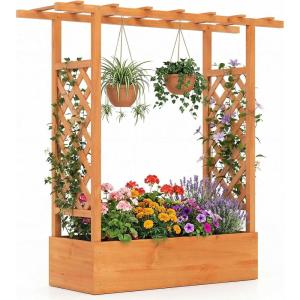 Giantex Wooden Raised Garden Bed with Trellis & Hanging Roof, Fir Wood Planter Box, 45” Freestanding Elevated Garden Bed for Outdoor Climbing Plants Vegetables Flowers, Patio & Balcony, Orange(Orange)