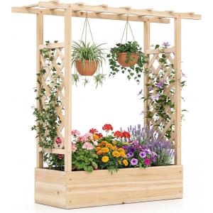 Giantex Wooden Raised Garden Bed with Trellis & Hanging Roof, Fir Wood Planter Box, 45” Freestanding Elevated Garden Bed for Outdoor Climbing Plants Vegetables Flowers, Patio & Balcony, Orange(Natural)