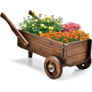 Giantex Wooden Wagon Planter Box, Decorative Wagon Cart with Wheels, Handles, Drainage Hole, Flower Planter Pot Stand, Rustic Flowerpot Planter, Indoor & Outdoor Garden Patio Balcony