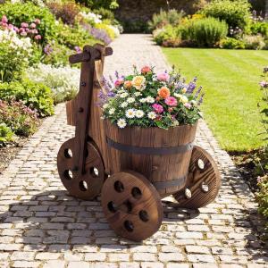 Giantex Wooden Wagon Planter with Wheels, Rustic Wood Plant Stand with Drainage Hole for Flowers Herbs Vegetables, Indoor Outdoor Decorative Garden Flower Cart for Patio Backyard Balcony (1)(1)