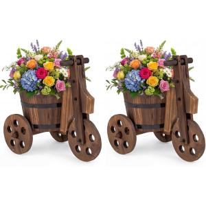 Giantex Wooden Wagon Planter with Wheels, Rustic Wood Plant Stand with Drainage Hole for Flowers Herbs Vegetables, Indoor Outdoor Decorative Garden Flower Cart for Patio Backyard Balcony (1)(2)