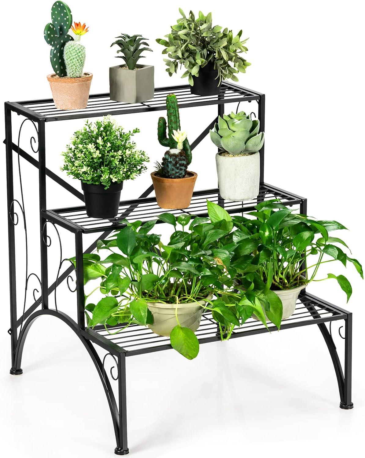 image:imageGiantex 3 Tiers Metal Plant Stand Ladder Flower Pots Outdoor w 132 lbs Capacity Heavy Duty Garden Display Shelf Flower Pot Holder Utility Storage Organizer Rack for Indoor Home Garden Patio Balcony