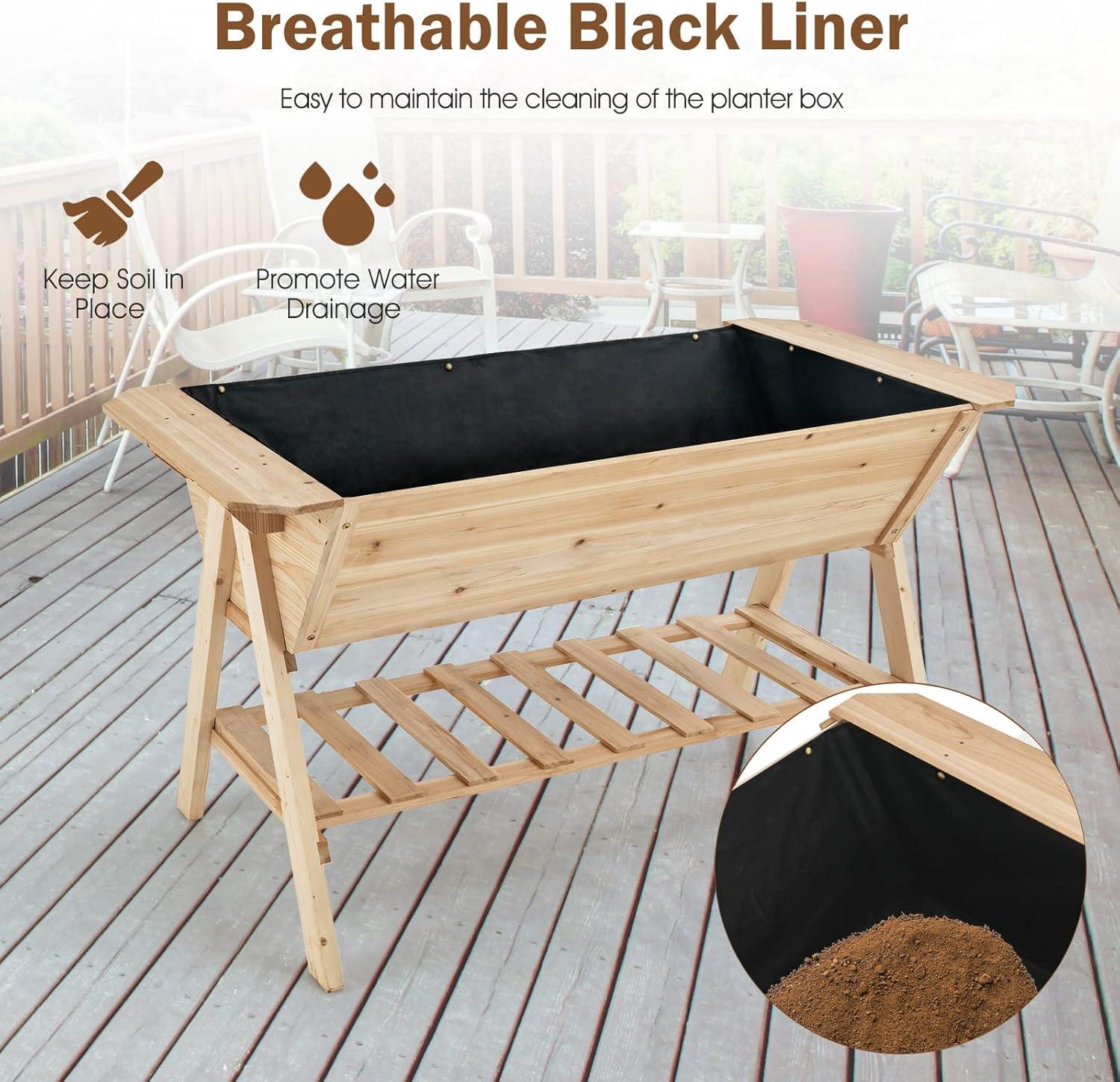 image:imageGiantex Raised Garden Bed Wood Planter Raised Bed with Storage Shelf Outdoor Plant Box Black Liner Drainage Hole Elevated Freestanding Garden Box for Patio Backyard Balcony 59x31x325
