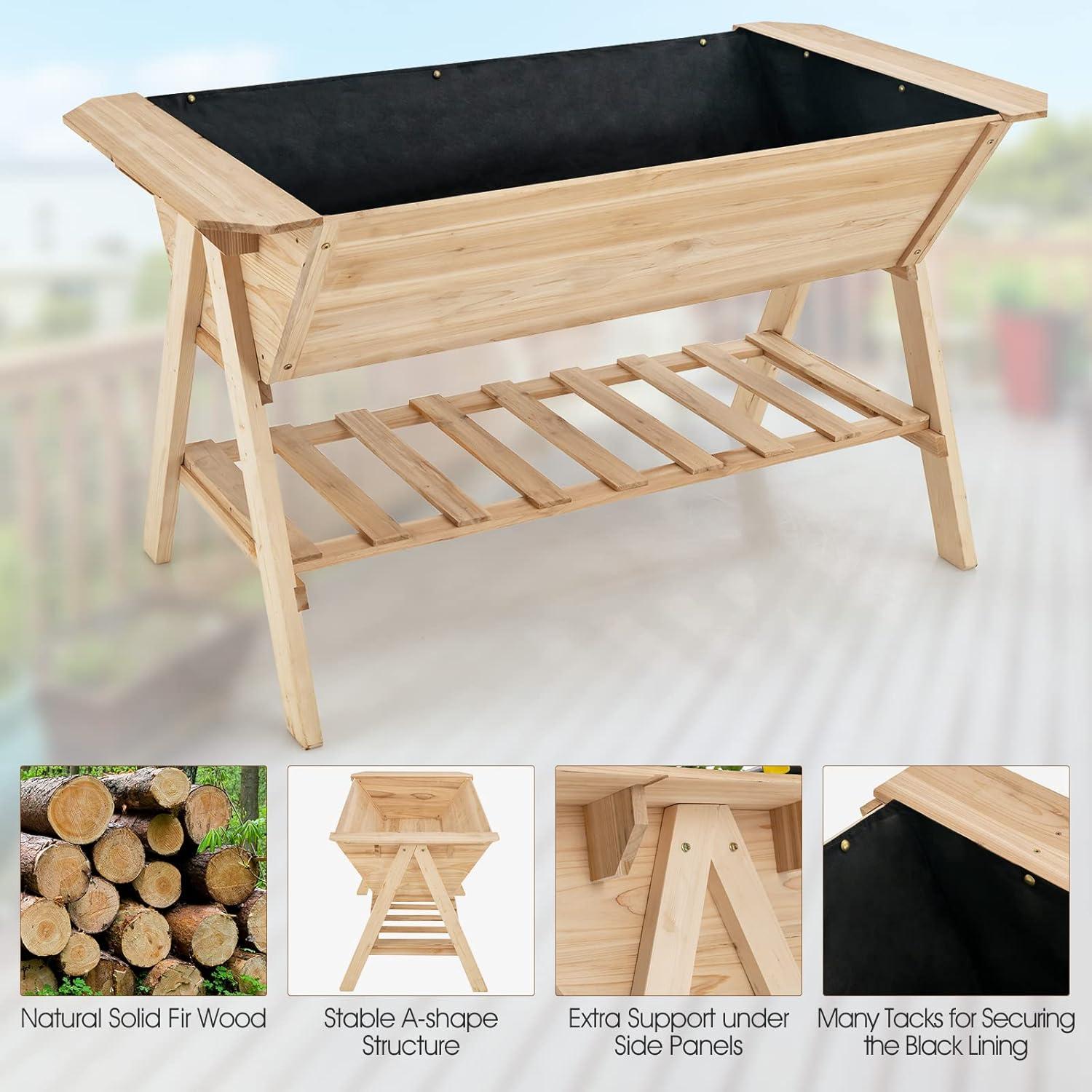 image:imageGiantex Raised Garden Bed Wood Planter Raised Bed with Storage Shelf Outdoor Plant Box Black Liner Drainage Hole Elevated Freestanding Garden Box for Patio Backyard Balcony 59x31x325