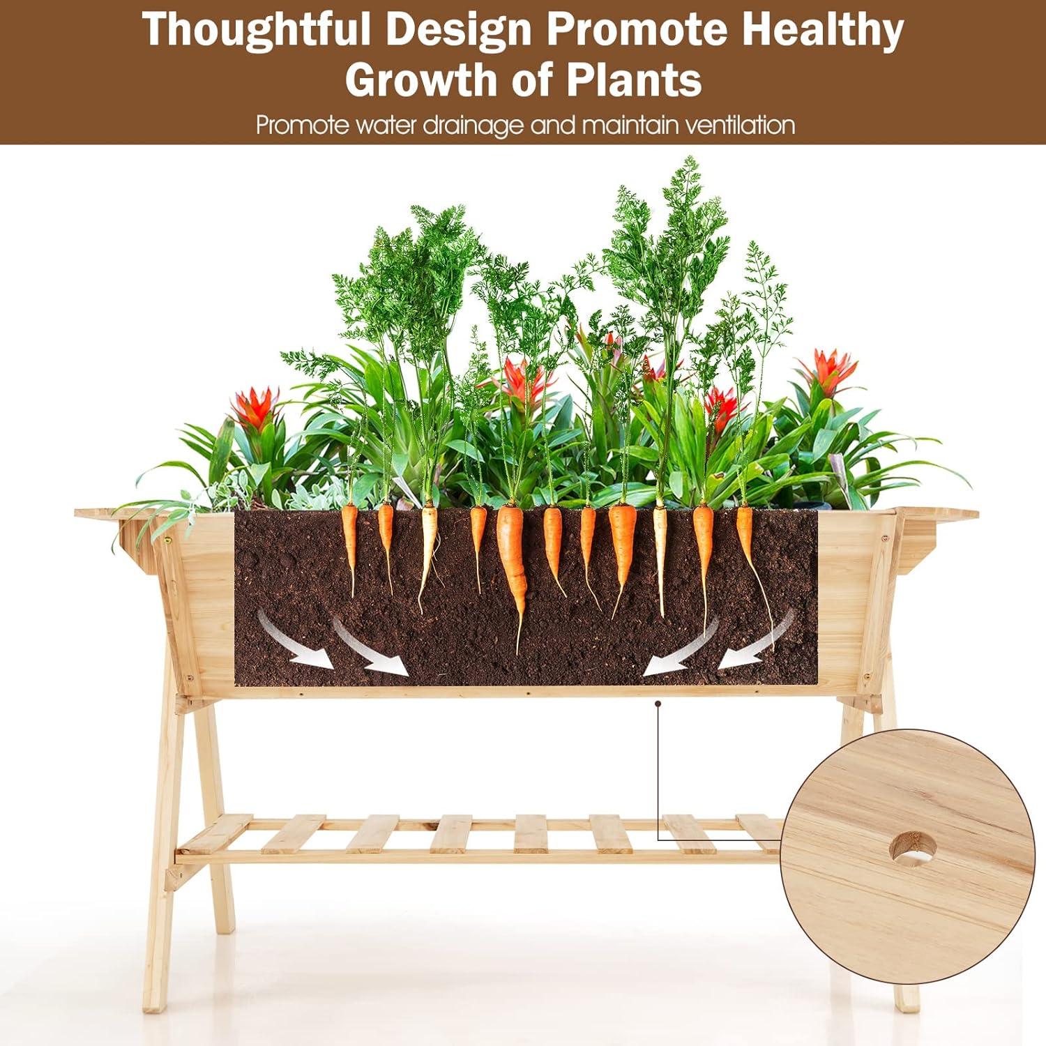 image:imageGiantex Raised Garden Bed Wood Planter Raised Bed with Storage Shelf Outdoor Plant Box Black Liner Drainage Hole Elevated Freestanding Garden Box for Patio Backyard Balcony 59x31x325