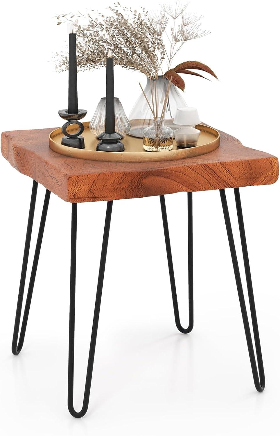 image:imageGiantex Teak Wood End Table Solid Live Edge Outdoor Side Table wNatural Grain amp HeavyDuty Metal Legs Rustic Plant Stand for Living Room Patio Balcony 20 x 14 x 18 1 Rectangular1