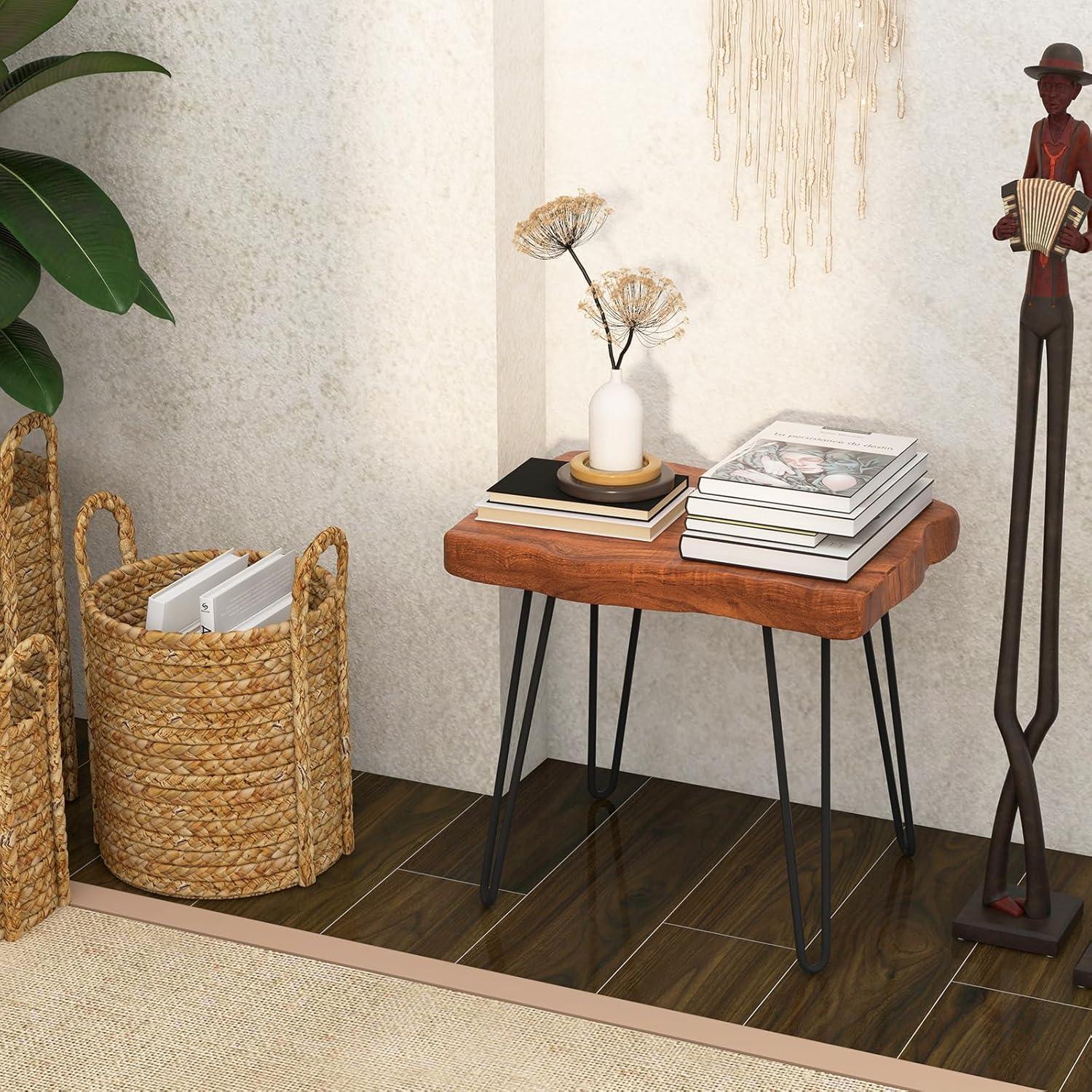 image:imageGiantex Teak Wood End Table Solid Live Edge Outdoor Side Table wNatural Grain amp HeavyDuty Metal Legs Rustic Plant Stand for Living Room Patio Balcony 20 x 14 x 18 1 Rectangular1